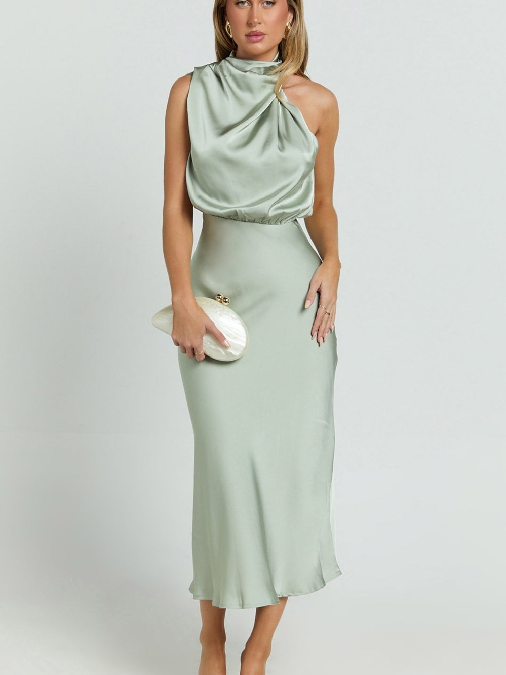 Satin Halter Midi Dress in Sage Green